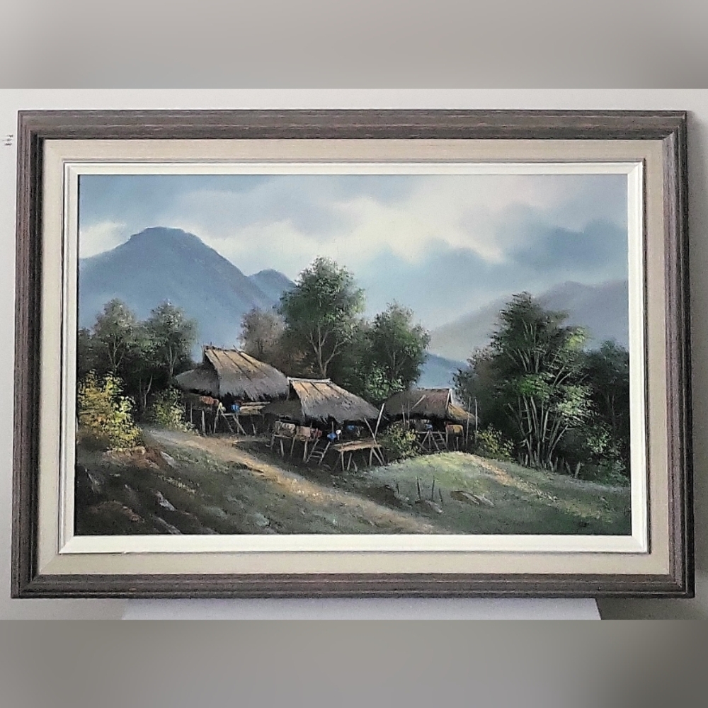 Original Oil On Canvas Painting By Sak of A Rustic Thailand Scene. 21 X28 Inches